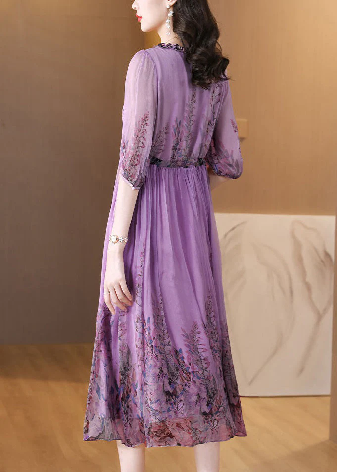 Loose Purple Ruffled Lace Up Print Chiffon Long Dress Half Sleeve - Image 5