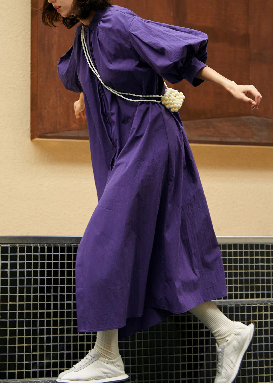 Loose Purple Stand Collar Wrinkled Maxi Dress Lantern Sleeve - Image 2