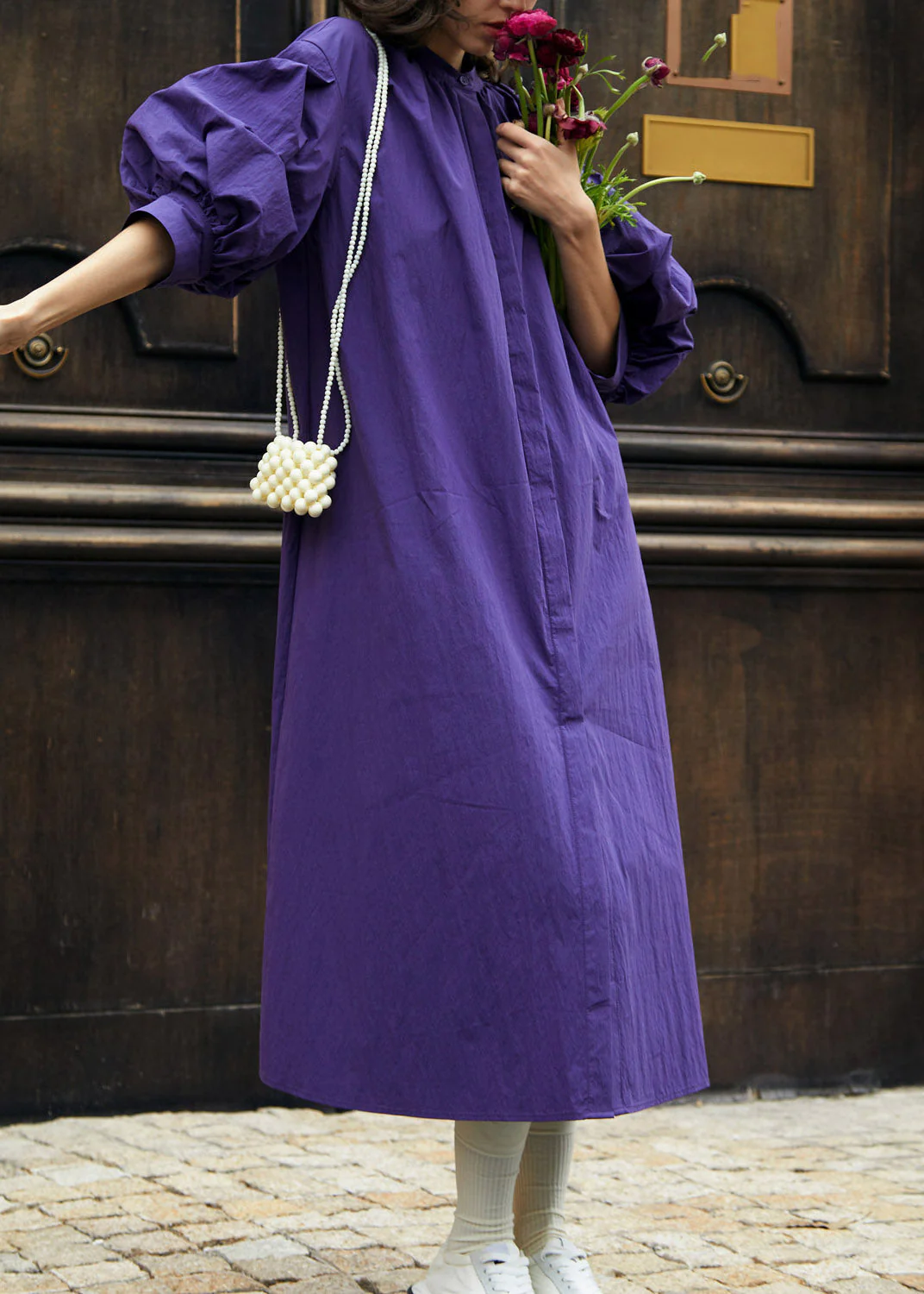 Loose Purple Stand Collar Wrinkled Maxi Dress Lantern Sleeve - Image 3