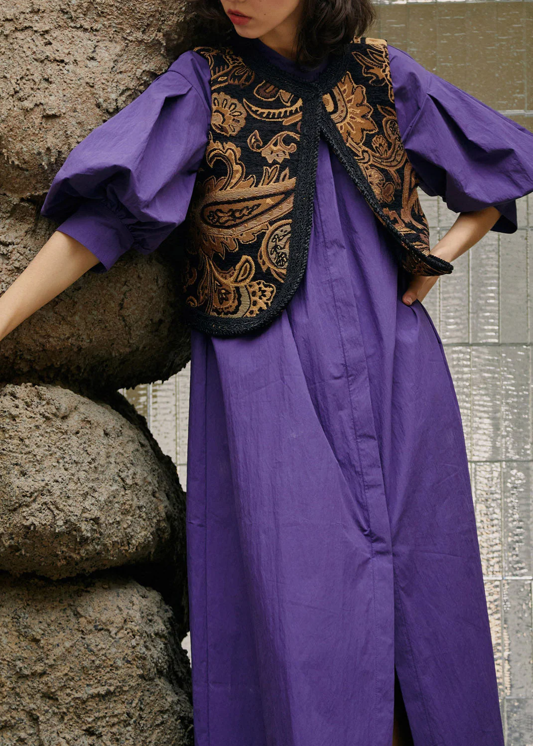 Loose Purple Stand Collar Wrinkled Maxi Dress Lantern Sleeve - Image 4