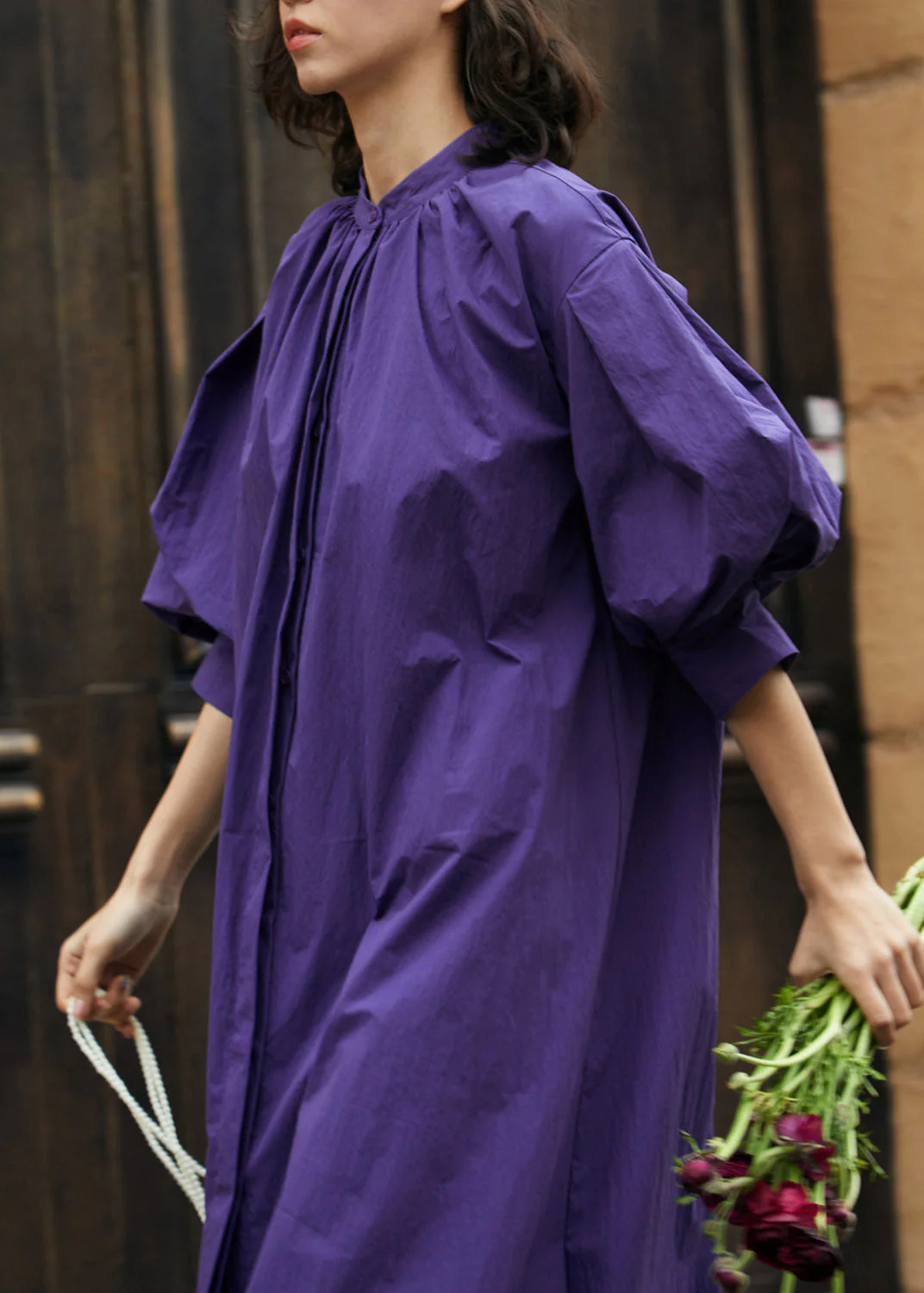 Loose Purple Stand Collar Wrinkled Maxi Dress Lantern Sleeve - Image 5