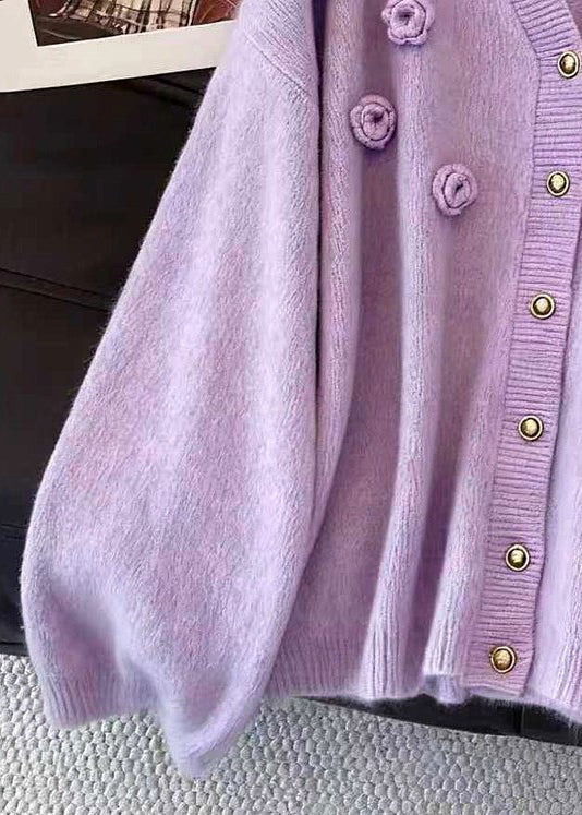 Loose Purple V Neck Button Floral Knit Cardigans Fall - Image 3