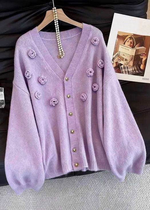 Loose Purple V Neck Button Floral Knit Cardigans Fall - Image 4