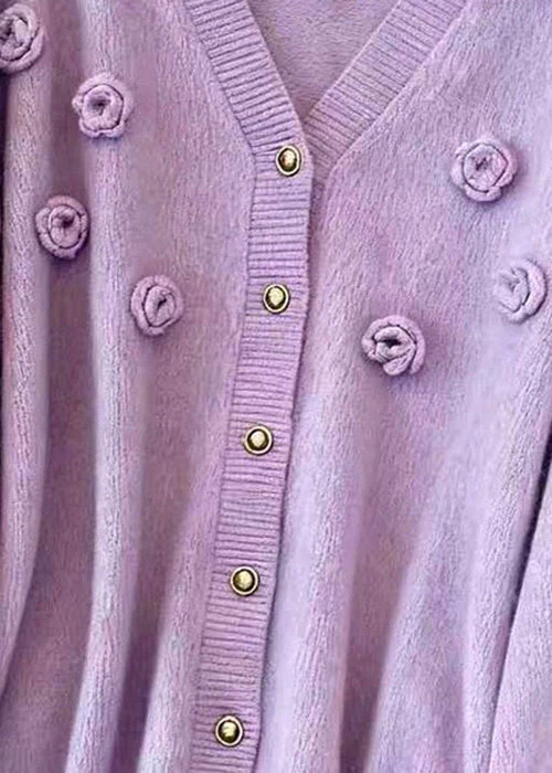 Loose Purple V Neck Button Floral Knit Cardigans Fall - Image 5
