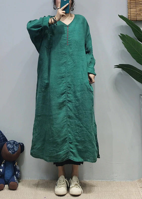 Loose Purple V Neck side open Embroideried pocket Linen Dresses Long Sleeve - Image 2