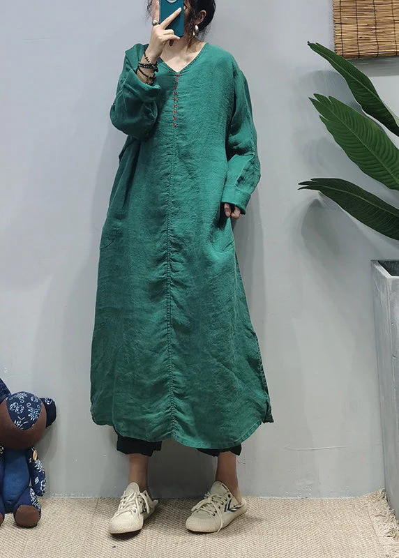 Loose Purple V Neck side open Embroideried pocket Linen Dresses Long Sleeve - Image 3