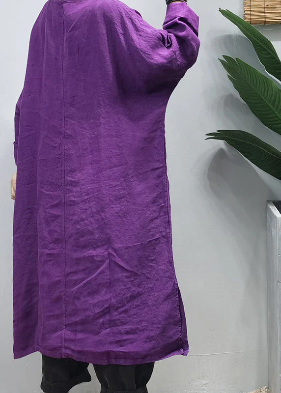 Loose Purple V Neck side open Embroideried pocket Linen Dresses Long Sleeve - Image 4