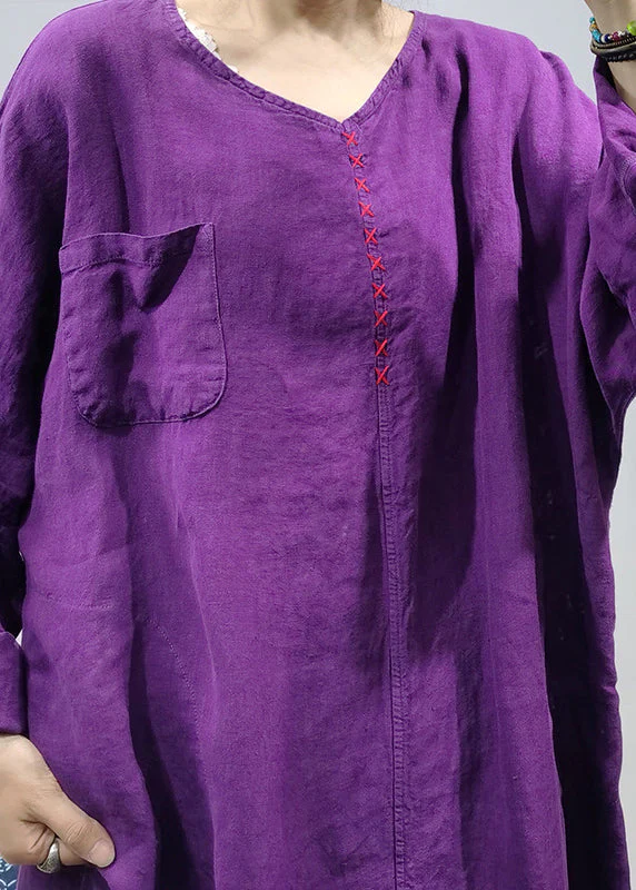 Loose Purple V Neck side open Embroideried pocket Linen Dresses Long Sleeve - Image 5