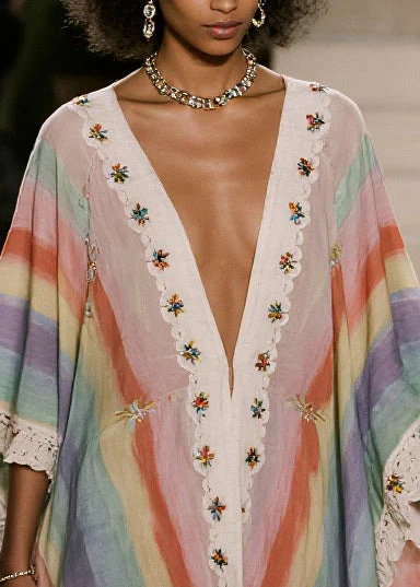 Loose Rainbow Oversized Patchwork Lace Party Dress Batwing Sleeve - Image 2