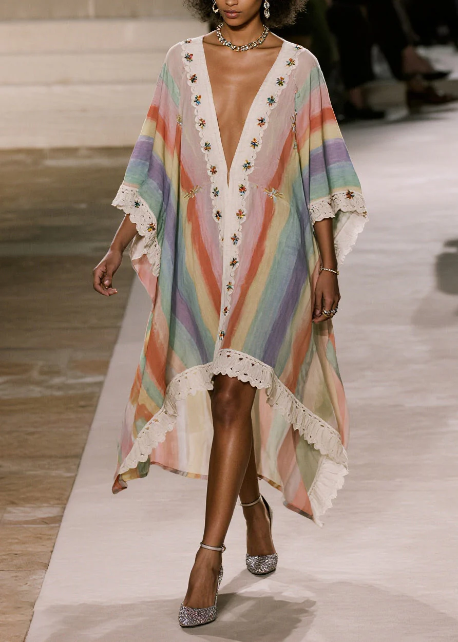 Loose Rainbow Oversized Patchwork Lace Party Dress Batwing Sleeve - Image 3