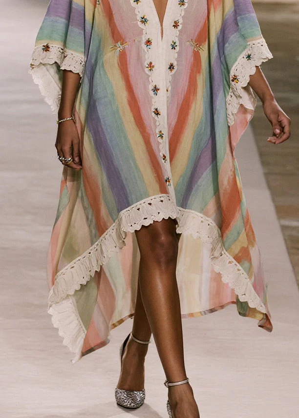 Loose Rainbow Oversized Patchwork Lace Party Dress Batwing Sleeve - Image 4