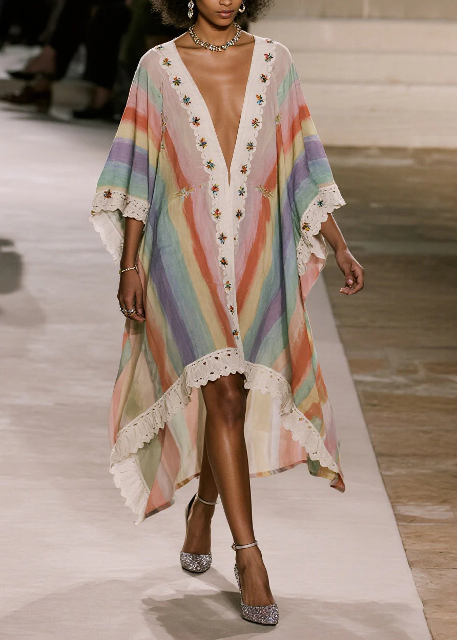 Loose Rainbow Oversized Patchwork Lace Party Dress Batwing Sleeve - Image 5