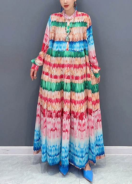 Loose Rainbow Print Button Cotton Maxi Dresses Fall - Image 2