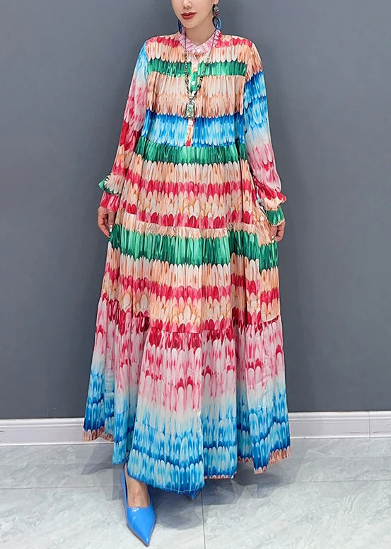Loose Rainbow Print Button Cotton Maxi Dresses Fall - Image 3