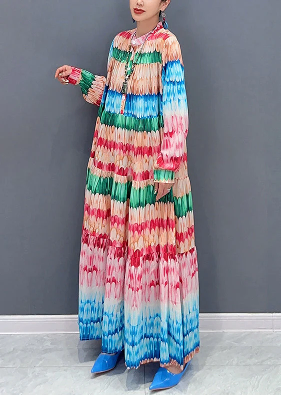Loose Rainbow Print Button Cotton Maxi Dresses Fall - Image 4