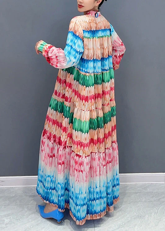Loose Rainbow Print Button Cotton Maxi Dresses Fall - Image 5
