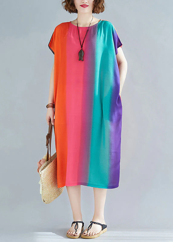 Loose Rainbow Striped O Neck Pockets Cotton Dress Summer - Image 2