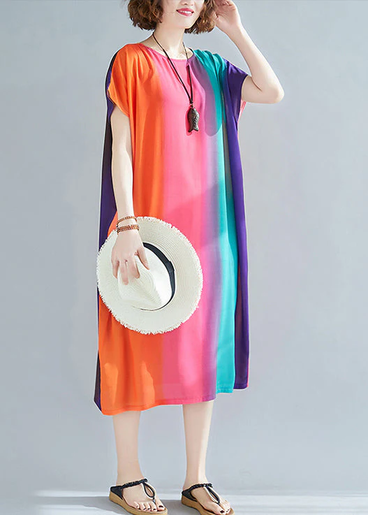 Loose Rainbow Striped O Neck Pockets Cotton Dress Summer - Image 3