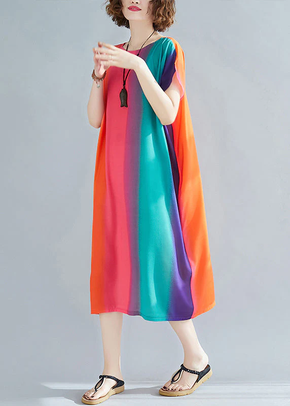 Loose Rainbow Striped O Neck Pockets Cotton Dress Summer - Image 4