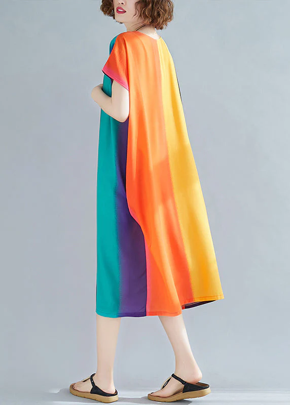 Loose Rainbow Striped O Neck Pockets Cotton Dress Summer - Image 5
