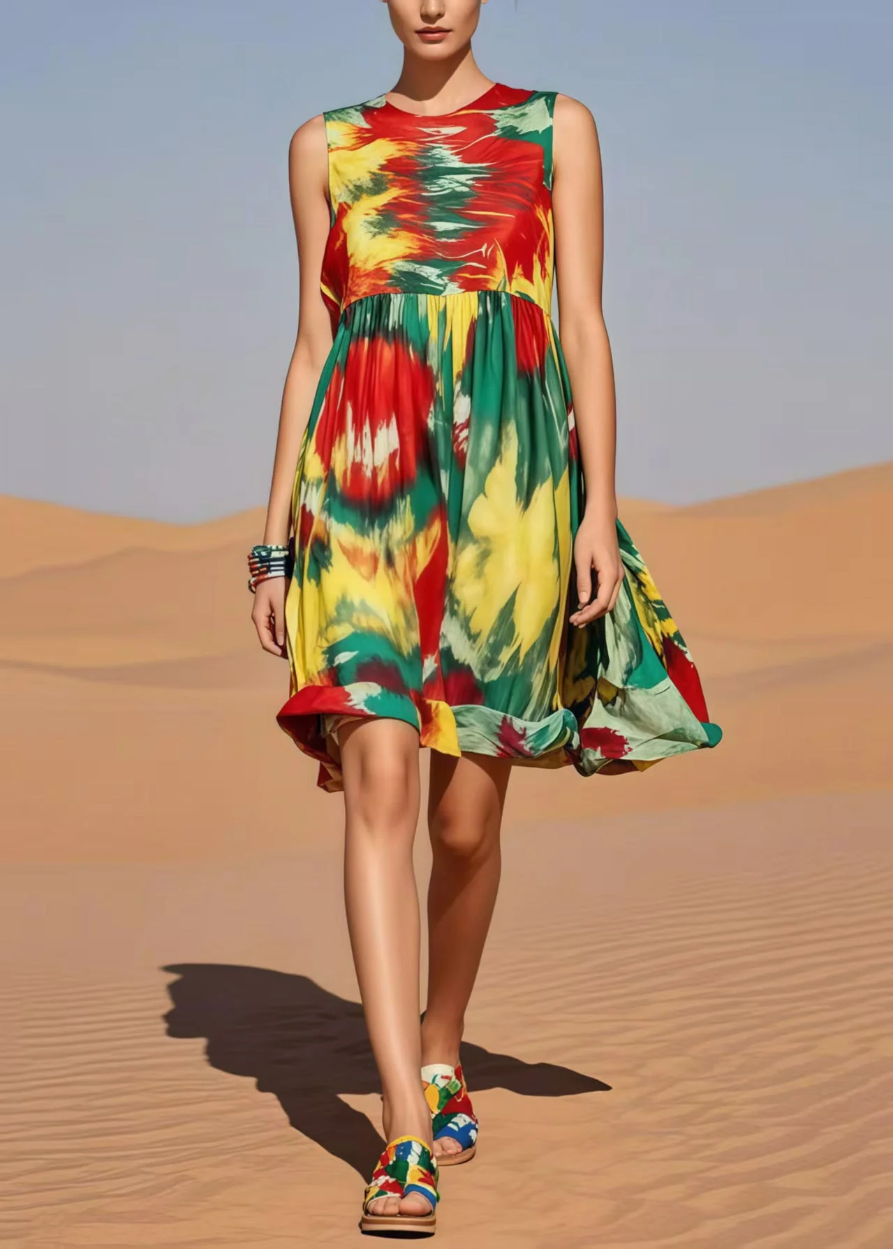 Loose Rainbow Tie Dye Cotton Mini Dresses Summer - Image 3