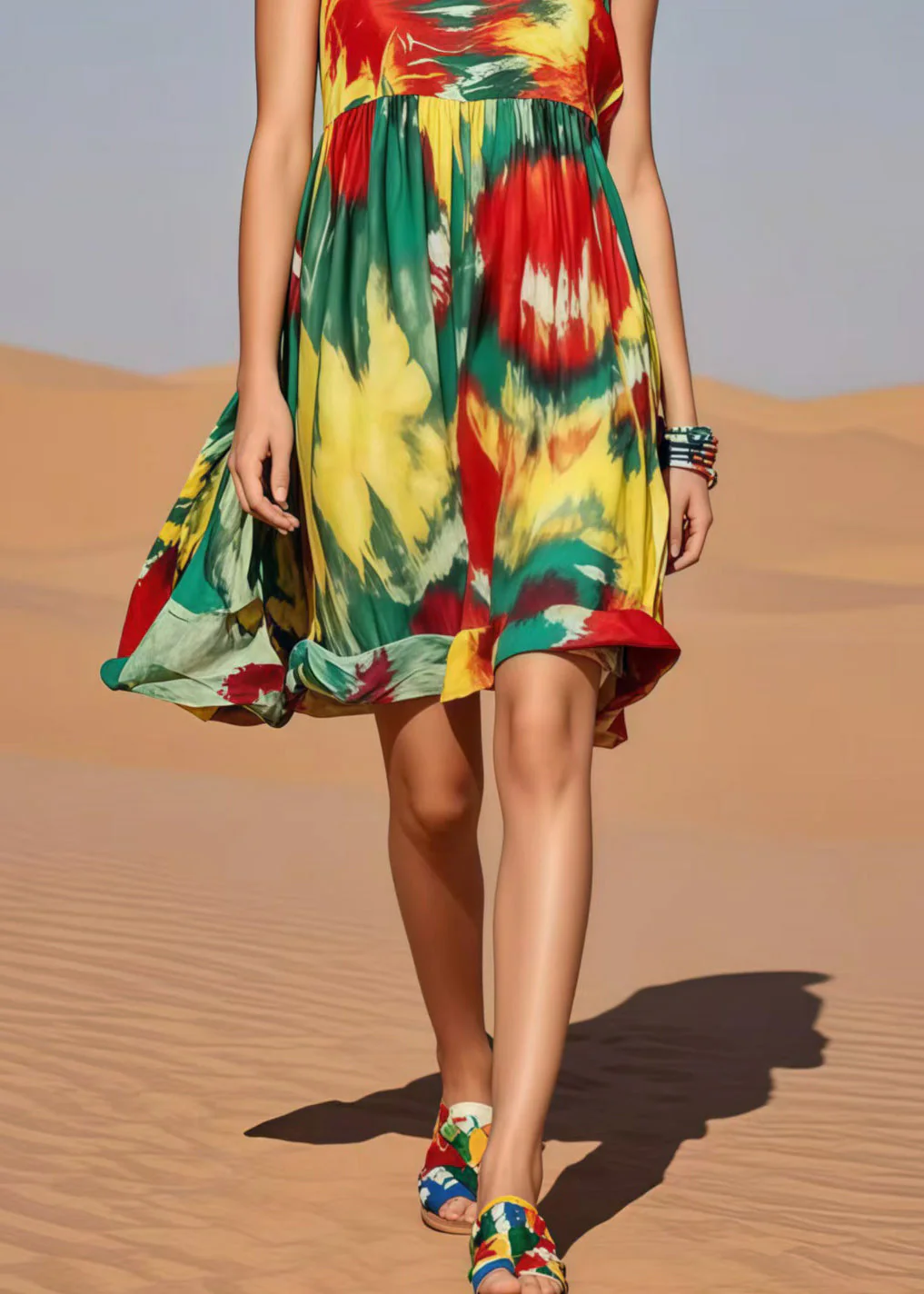 Loose Rainbow Tie Dye Cotton Mini Dresses Summer - Image 4