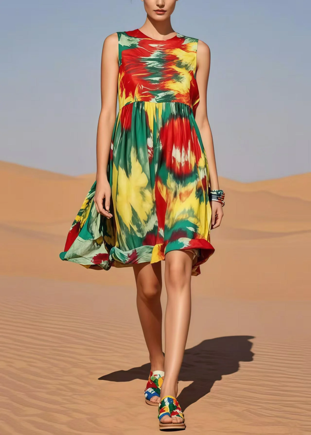 Loose Rainbow Tie Dye Cotton Mini Dresses Summer - Image 5