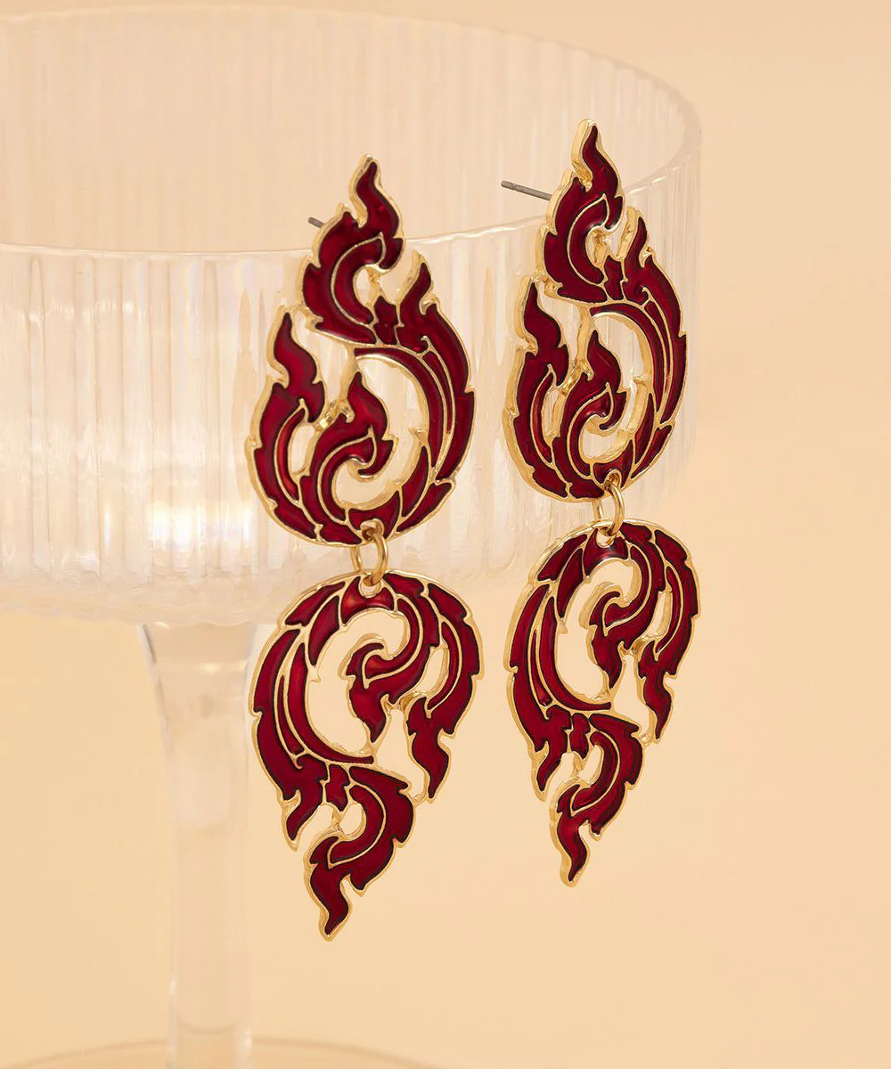 Loose Red Alloy Hollow Out Dripping Glaze Flame Drop Earrings - Image 2