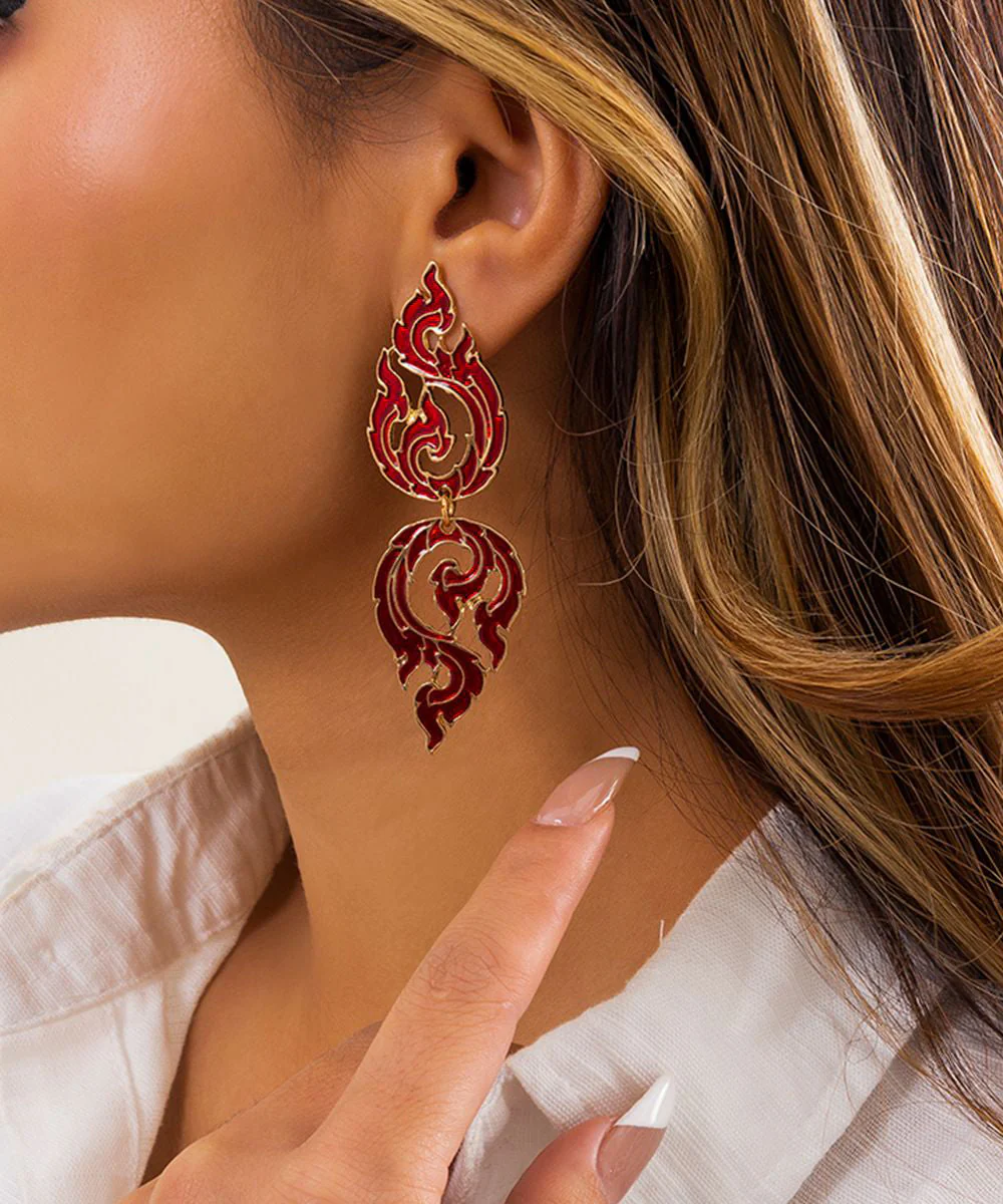 Loose Red Alloy Hollow Out Dripping Glaze Flame Drop Earrings - Image 3