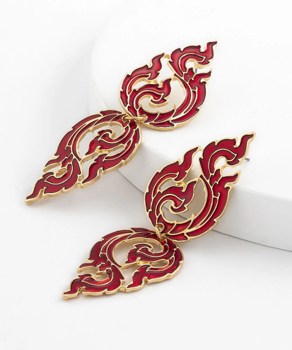 Loose Red Alloy Hollow Out Dripping Glaze Flame Drop Earrings - Image 4