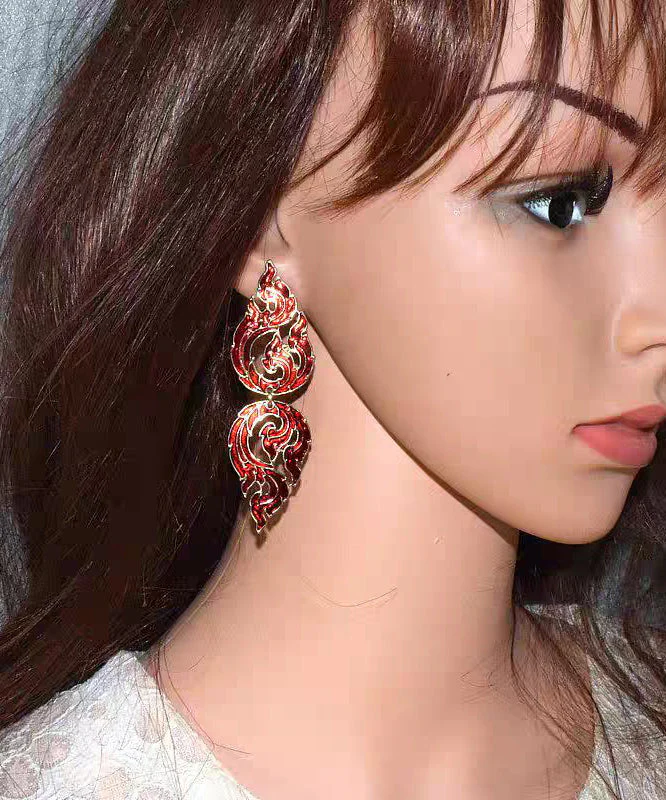 Loose Red Alloy Hollow Out Dripping Glaze Flame Drop Earrings - Image 5