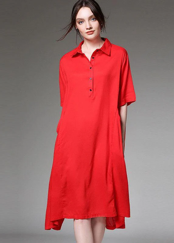 Loose Red Asymmetrical Design Tie Waist Spring Half Sleeve Holiday Dress - Image 3