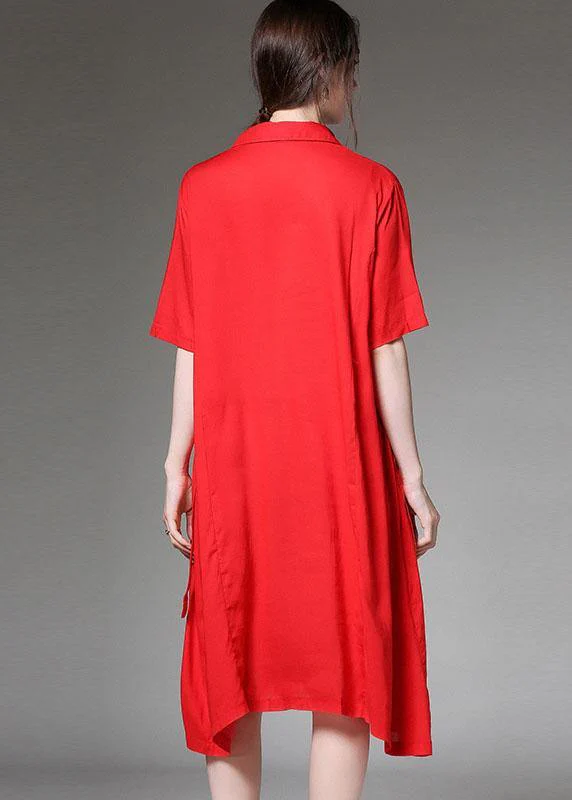 Loose Red Asymmetrical Design Tie Waist Spring Half Sleeve Holiday Dress - Image 4