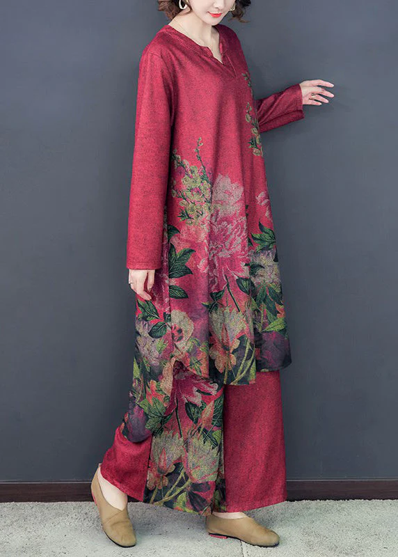 Loose Red Asymmetrical Print Silk Dress And Wide Leg Pants Two Pieces Set Spring - Image 3