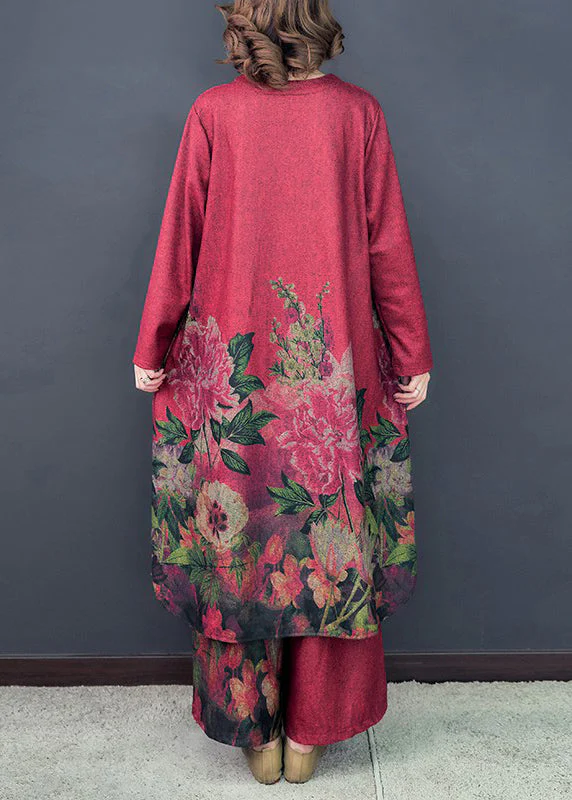 Loose Red Asymmetrical Print Silk Dress And Wide Leg Pants Two Pieces Set Spring - Image 4