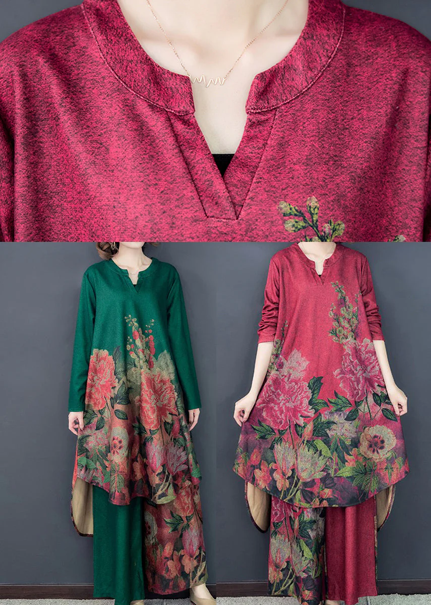 Loose Red Asymmetrical Print Silk Dress And Wide Leg Pants Two Pieces Set Spring - Image 5