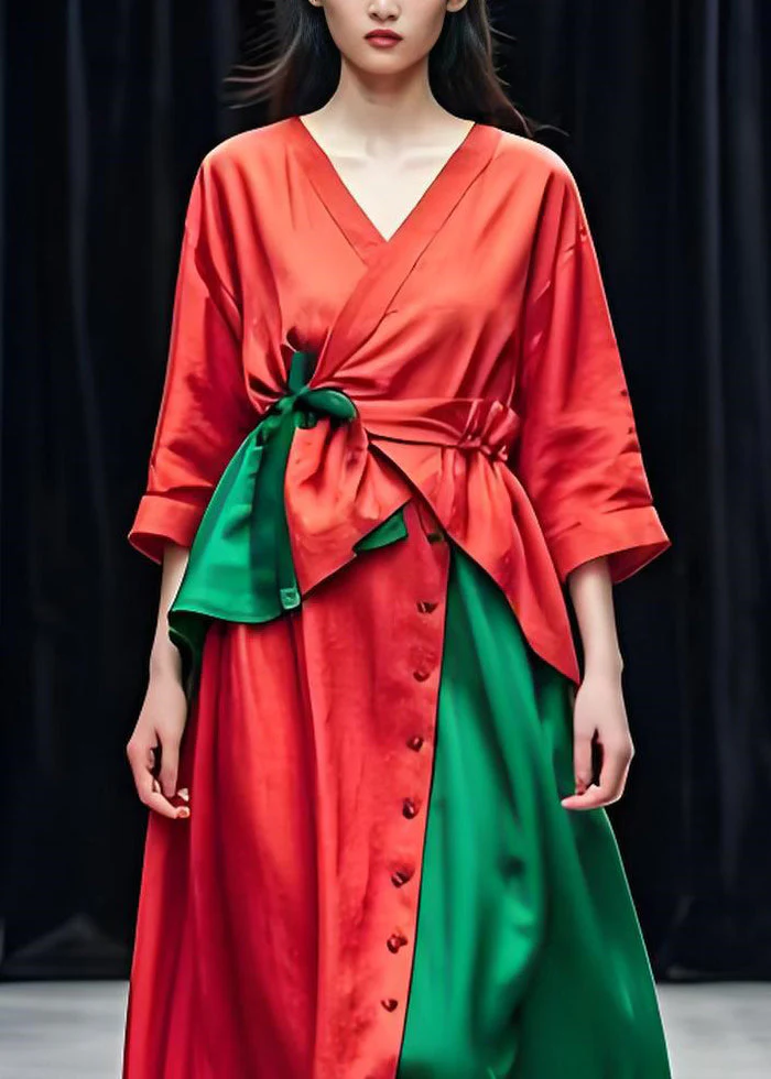 Loose Red Asymmetrical Wrinkled Patchwork Cotton Dresses Summer - Image 3