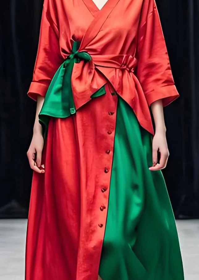 Loose Red Asymmetrical Wrinkled Patchwork Cotton Dresses Summer - Image 4