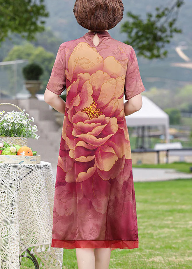 Loose Red Button Print Patchwork Silk Dress Summer - Image 4