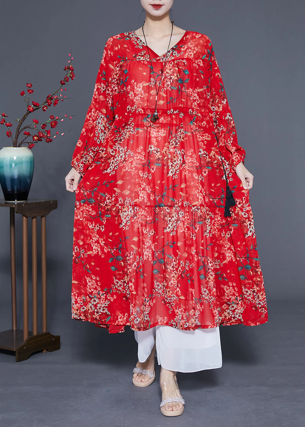 Loose Red Cinched Patchwork Print Chiffon Maxi Dress Spring - Image 2