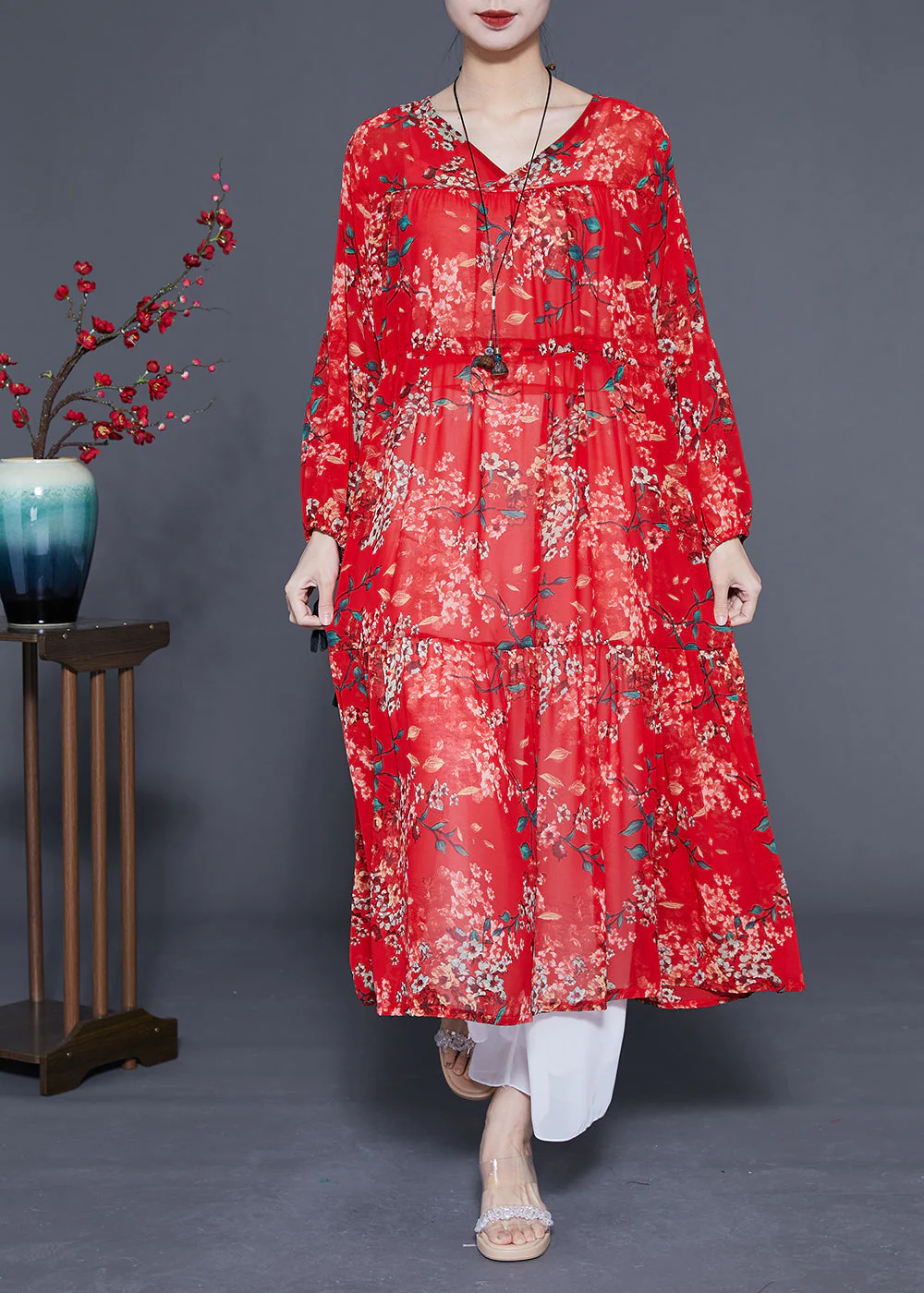 Loose Red Cinched Patchwork Print Chiffon Maxi Dress Spring - Image 3