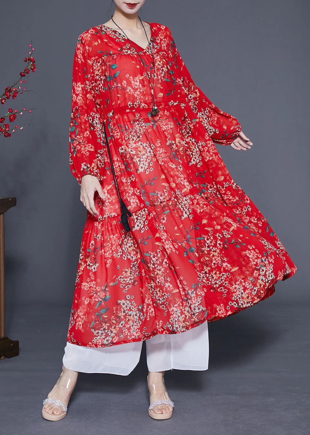 Loose Red Cinched Patchwork Print Chiffon Maxi Dress Spring - Image 4