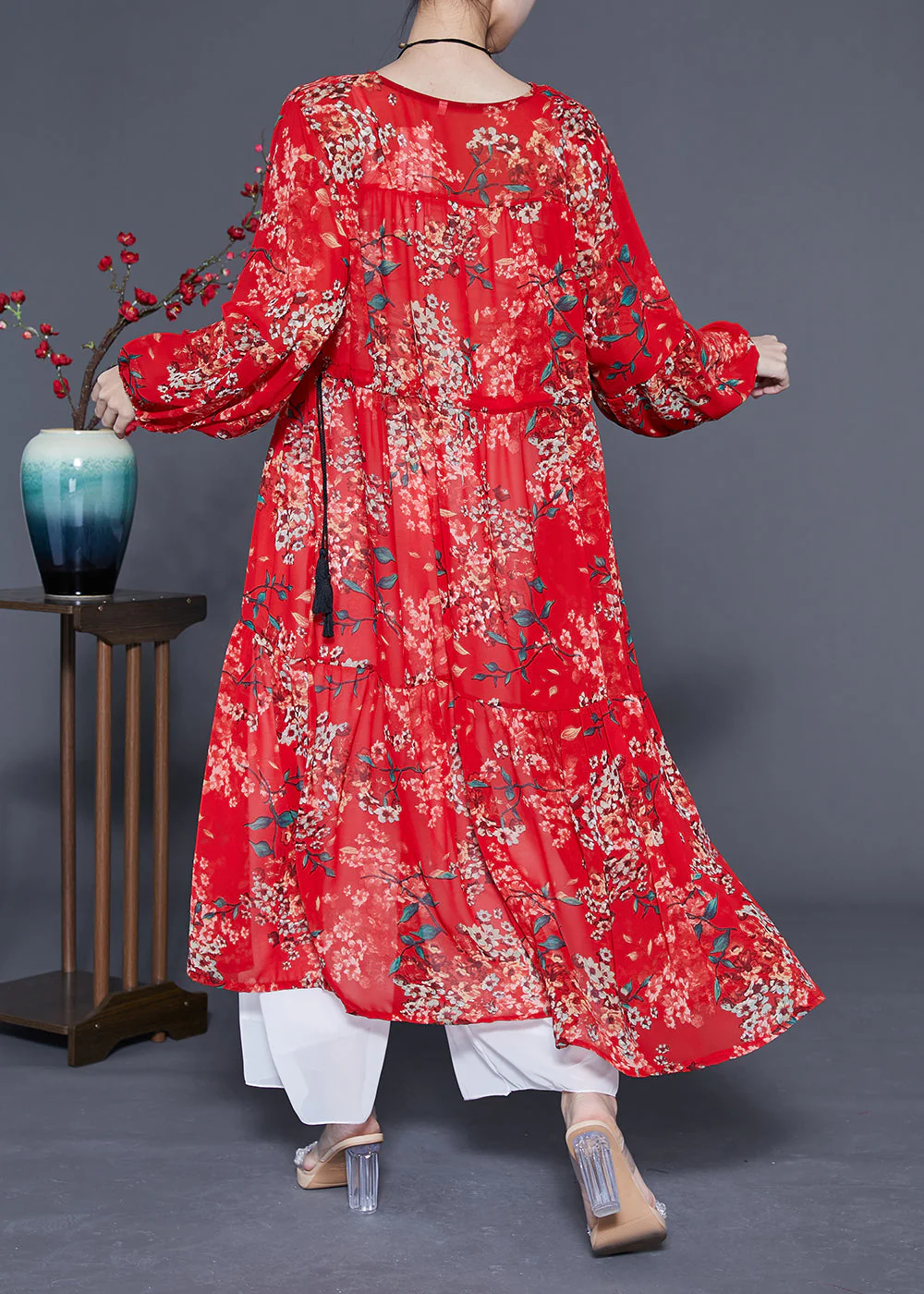 Loose Red Cinched Patchwork Print Chiffon Maxi Dress Spring - Image 5