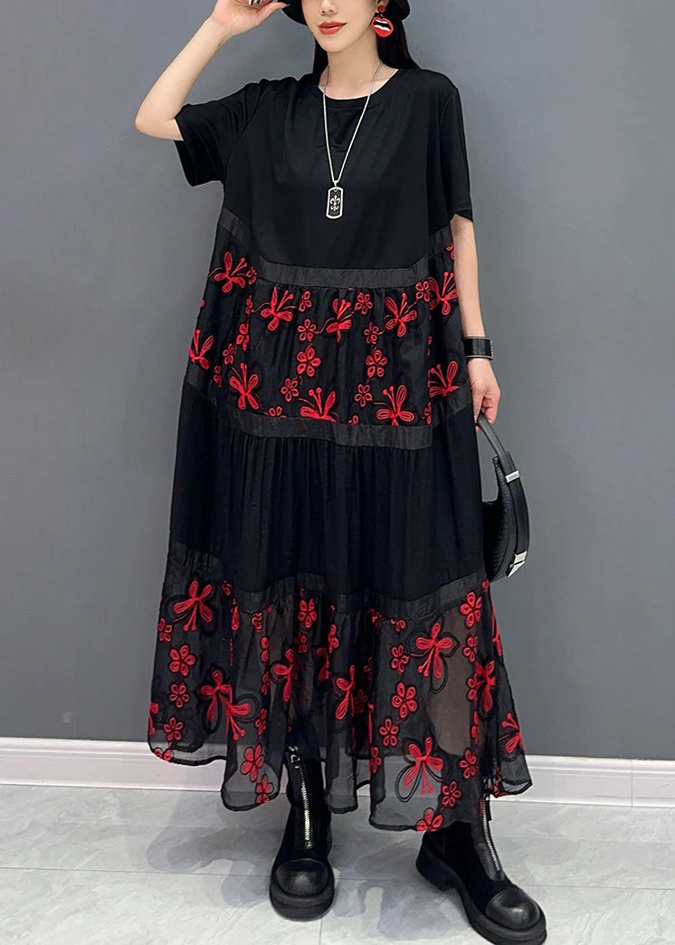 Loose Red Embroidered Patchwork Cotton Long Dress Summer - Image 2
