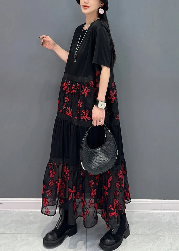 Loose Red Embroidered Patchwork Cotton Long Dress Summer - Image 3