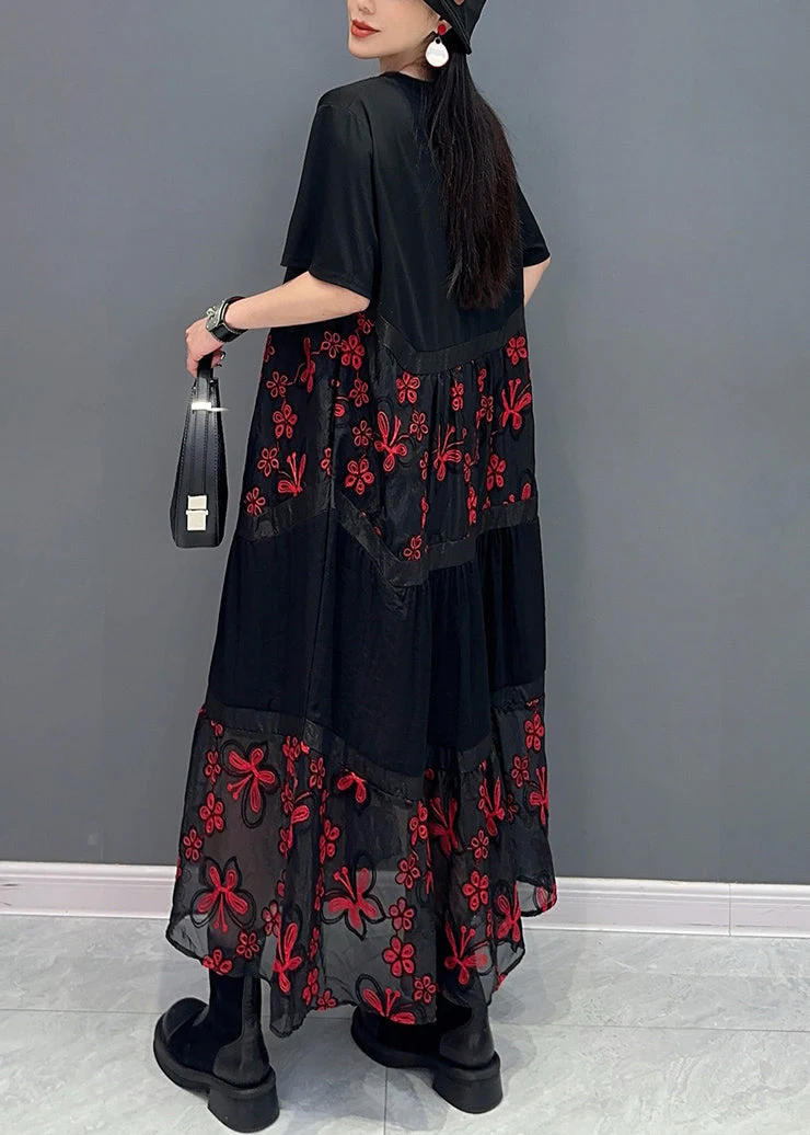 Loose Red Embroidered Patchwork Cotton Long Dress Summer - Image 4