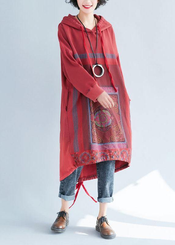 Loose Red Hooded Print Asymmetrical Design Fall Pullover Dress - Image 2