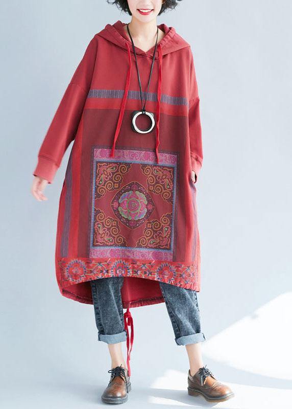 Loose Red Hooded Print Asymmetrical Design Fall Pullover Dress - Image 3
