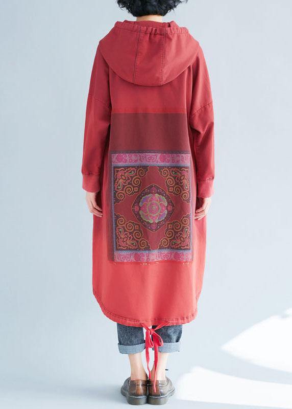 Loose Red Hooded Print Asymmetrical Design Fall Pullover Dress - Image 4