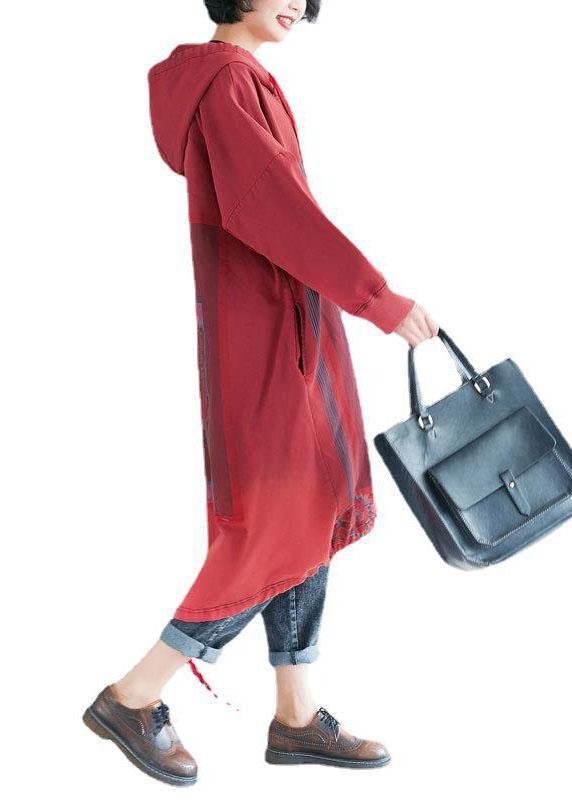 Loose Red Hooded Print Asymmetrical Design Fall Pullover Dress - Image 5